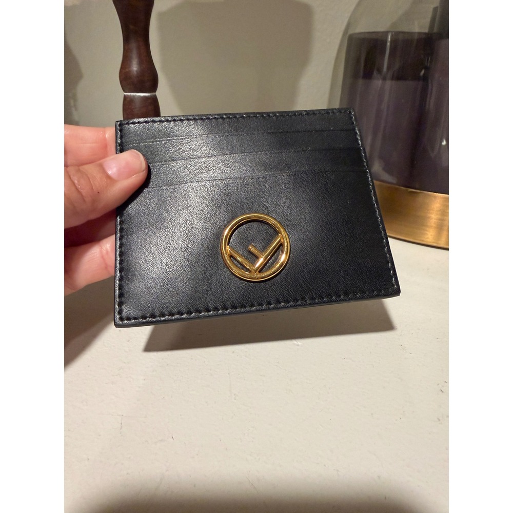 Fendi Roma Black Leather Card Holder Gold F is Fendi Logo Made in Italy Wallet